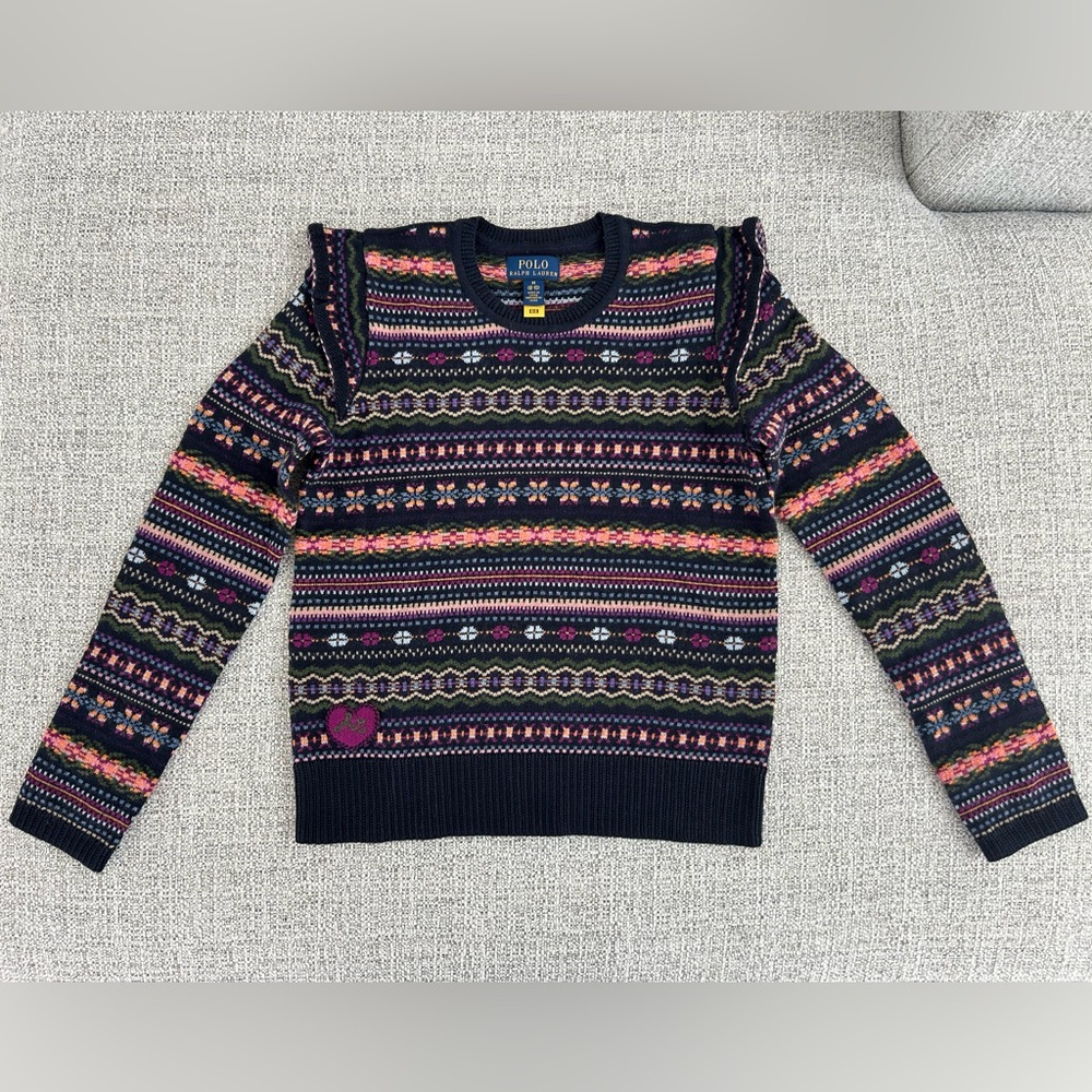 Polo Ralph Lauren Girls Medium (8-10) Ruffled Fair Isle Cotton Blend Sweater